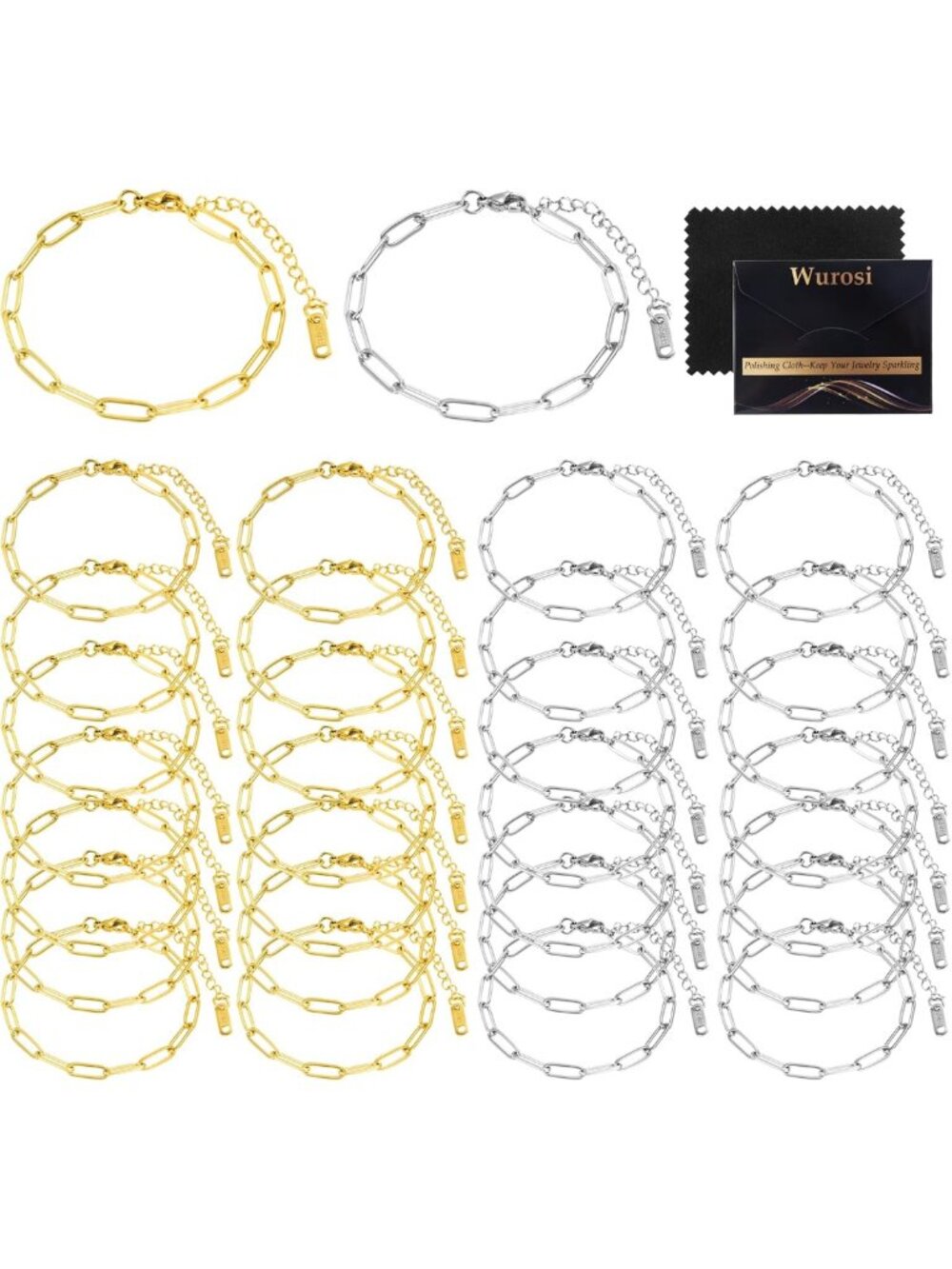 18K Gold Plated Charm Bracelet Chain Set - 30PCS, 6.3 Inch, Gold & Silver